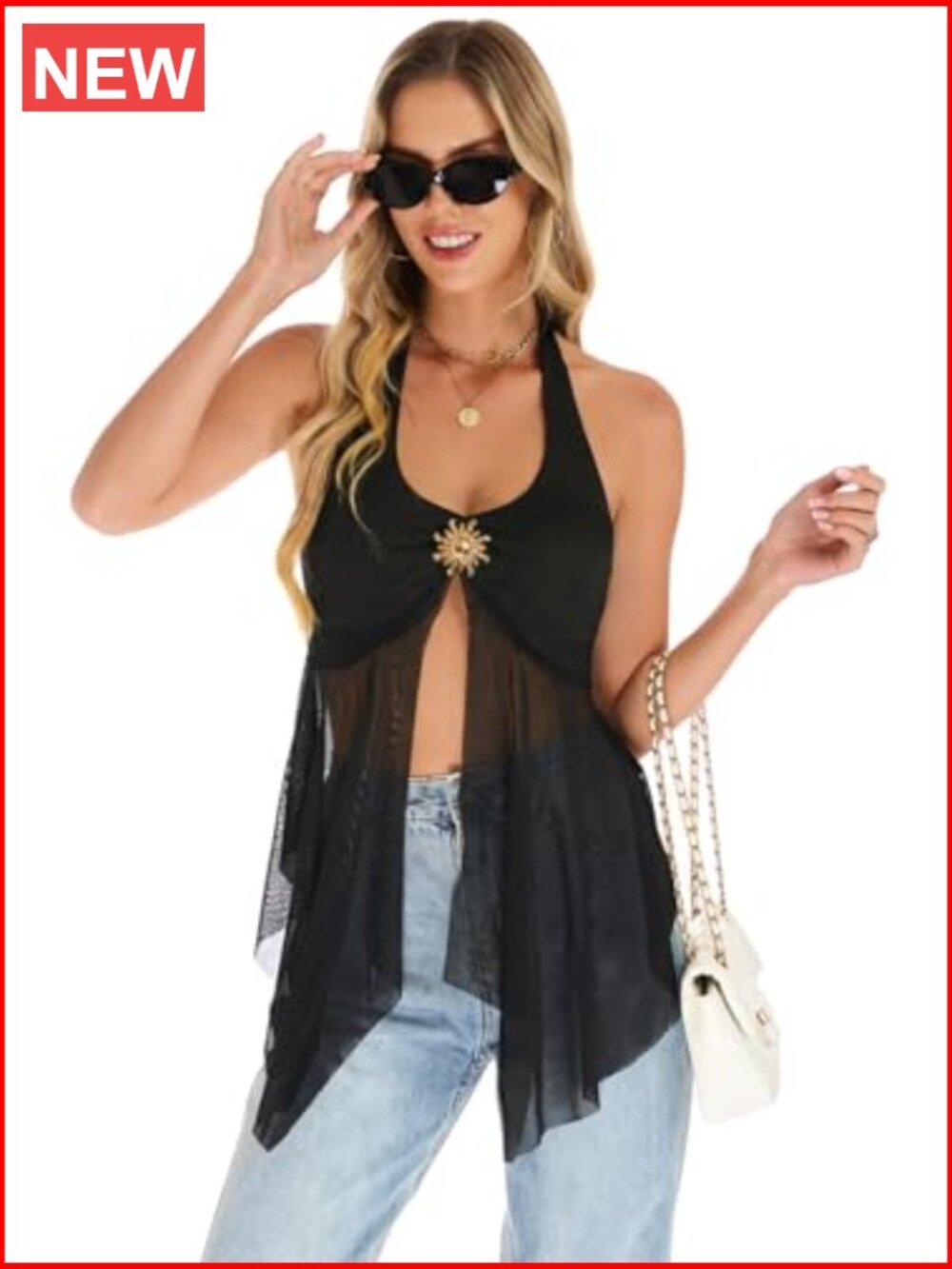 Sheer Mesh Halter Tank Top Flowy Asymmetric Hem Sleeveless Camisole - Picture 4 of 7